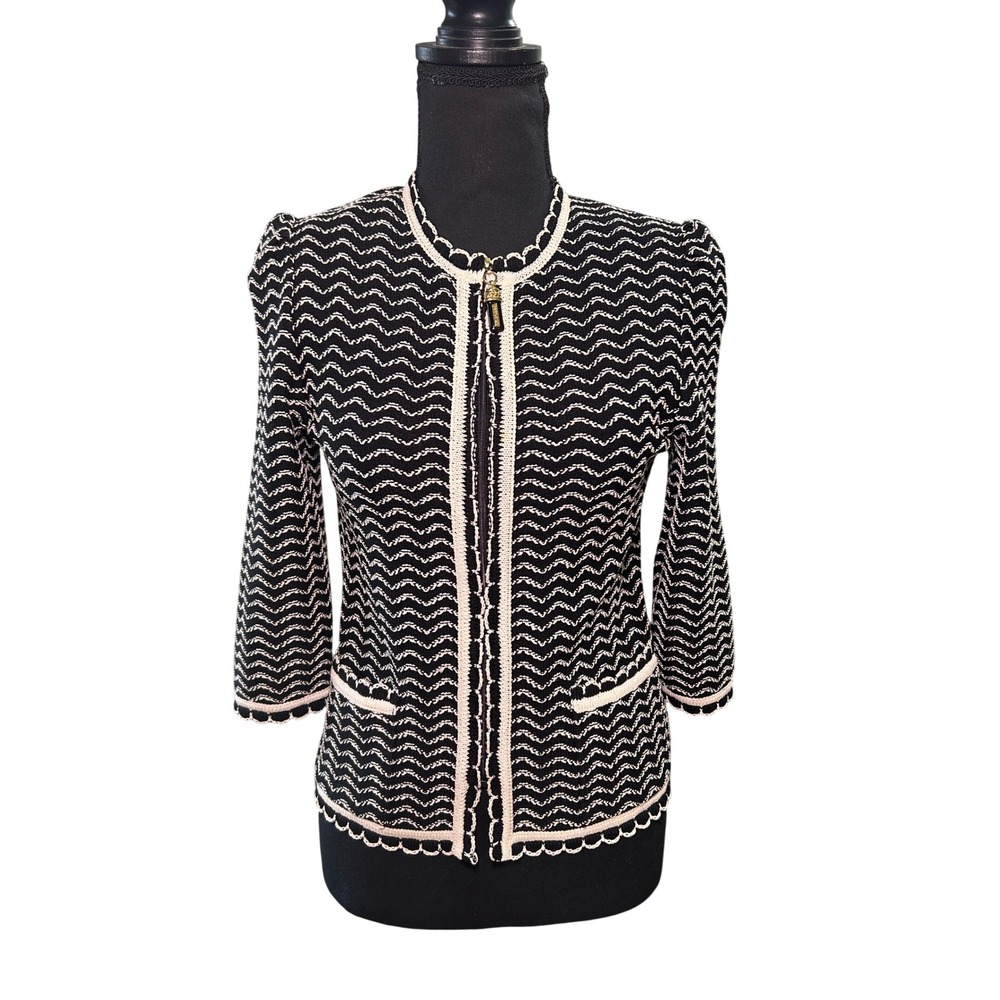 St John Collection Knit Jacket Black White Zigzag Trim Zipper Gold Accent Size 2 - Picture 2 of 9